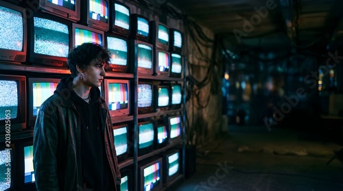 Young man standing in front of a wall of vintage televisions at night