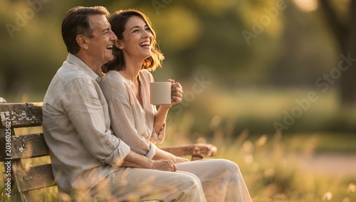 A happy mature couple sits on a wooden park bench, laughing together during a golden hour sunset.