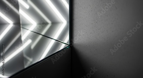 Sharp mirrored edge meets textured wall with dramatic geometric light reflections