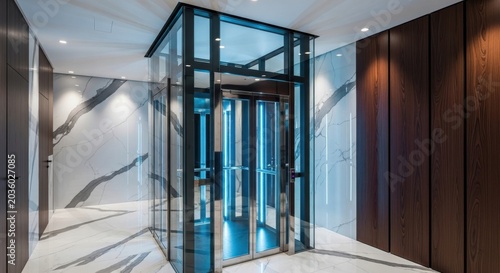 Sleek glass elevator with cool blue LED illumination in a modern building interior
