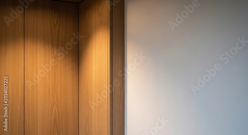 Warm light oak wood paneling meets a clean matte white wall creating a modern interior design contrast.