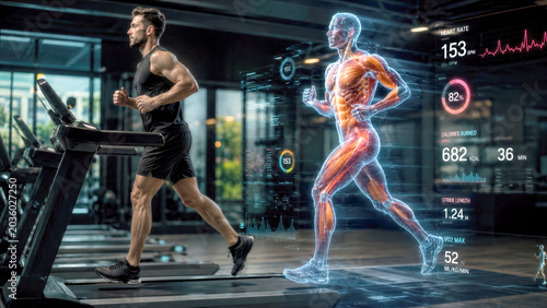 Athlete running on treadmill with a real time 3D digital twin avatar showing muscle strain and heart rate data