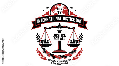 Foto International Justice Day Emblem: Scales of Justice, Globe, Hands, Equality, Rul
