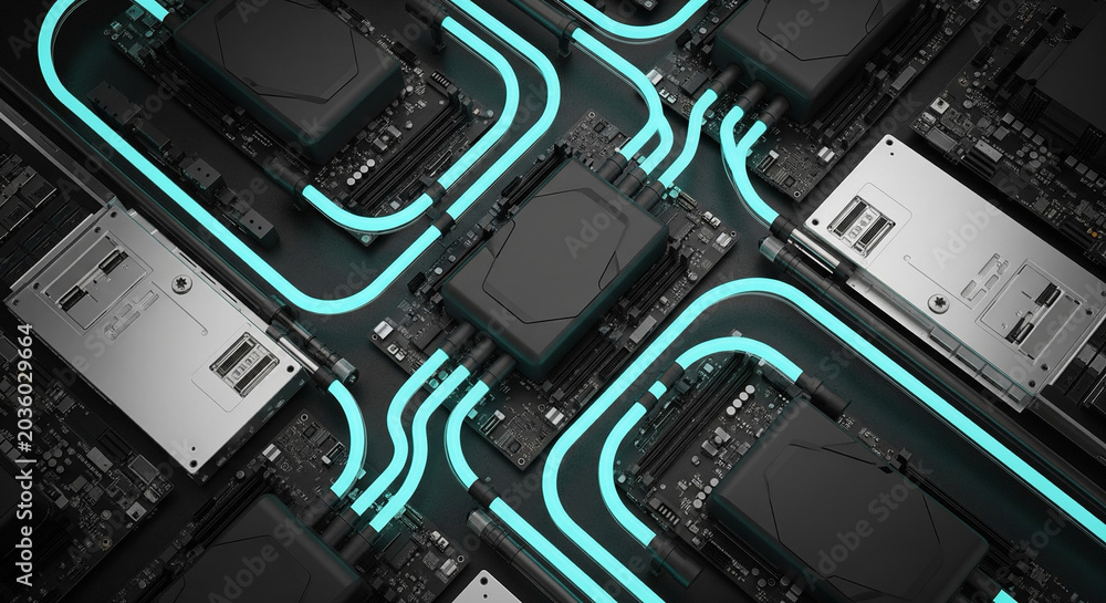 Fototapeta premium Top Down View Of Motherboard Circuit With Neon Blue Pathways