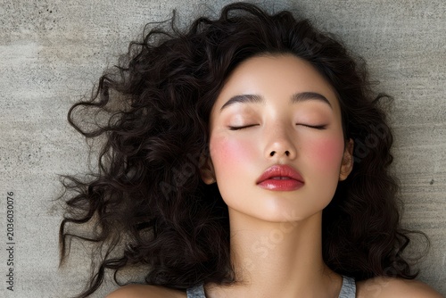 Portrait of a tranquil beauty with dark, curly hair, flushed cheeks, and closed eyes, resting on a textured gray surface. Calm and serene.