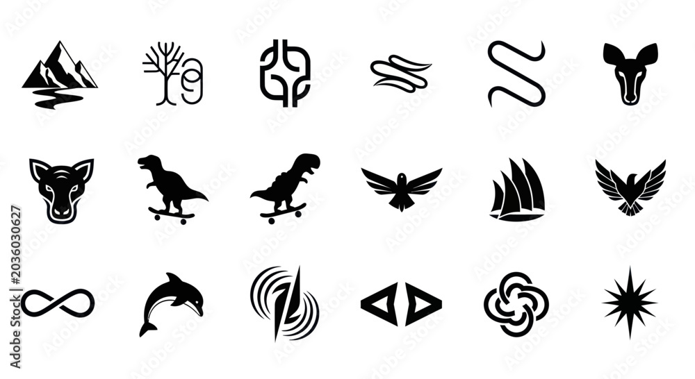 Obraz premium Diverse Vector Icons: Nature, Animals, Symbols, and Abstract Graphics