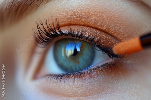 Close-up of a beautifully made-up eye. The stunning blue eye is highlighted by vibrant eyeshadow and long lashes for a striking makeup look.