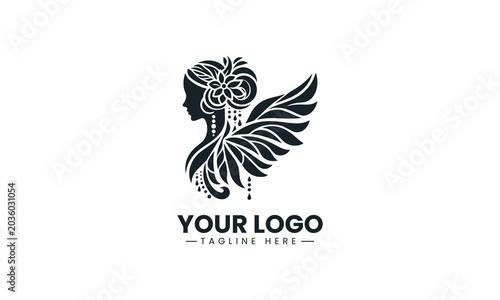 Angel wing woman silhouette minimalist black vector logo