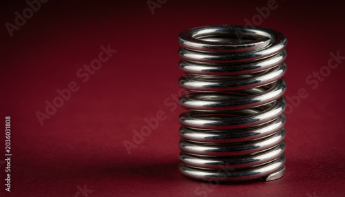 Metal coil spring steel spiral mechanical component standing vertically against red background, industrial hardware close-up studio shot