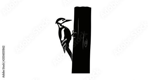 Canvastavla Woodpecker Silhouette Climbing Tree Trunk Black and White