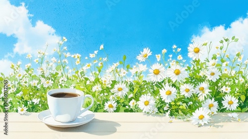 Coffee Cup on Table Surrounded by Beautiful Daisies Under Bright Blue Sky and Fluffy Clouds