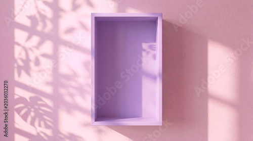 Minimalist purple wall shelf on a soft pink background, illuminated by natural sunlight casting delicate leaf shadows for a fresh and artistic atmosphere.