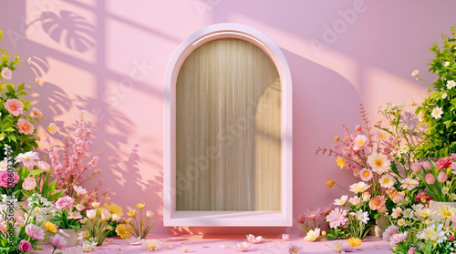 Stylish pink toned product display scene featuring an elegant arched podium surrounded by vibrant flowers and lush potted plants, creating a fresh and natural atmosphere.