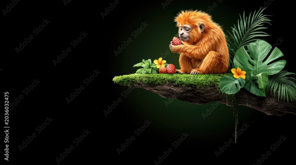 Obraz premium Cute monkey with vibrant orange fur eating strawberries on a mossy wooden branch surrounded by tropical leaves