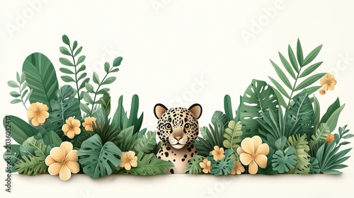 Playful Jaguar Surrounded by Tropical Foliage and Vibrant Flowers in a Lush Jungle Setting