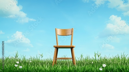 Wooden Chair Surrounded by Lush Green Grass Under a Bright Blue Sky with Fluffy White Clouds