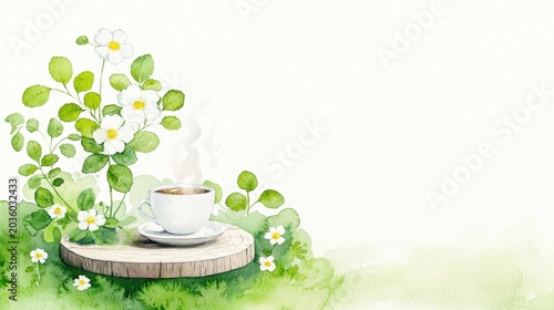 Serene Morning Coffee on Rustic Wood in Lush Green Garden with Watercolor Flowers and Leaves