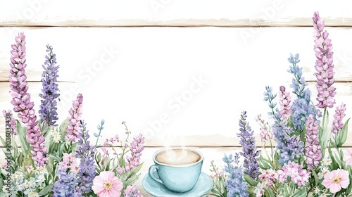 Serene Morning Scene with Tea and Fresh Flowers on Rustic Wooden Background
