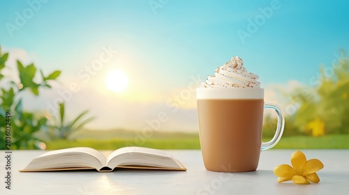 Cozy Coffee Moment with Book and Sunset in Background on a Peaceful Day in Nature