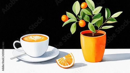 Cozy Coffee Moment with Orange Slice and Potted Plant Against Minimalist Black Background