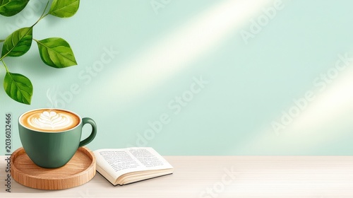 Cozy Coffee Scene with Latte Art, Open Book, and Green Leaves on Light Wooden Table