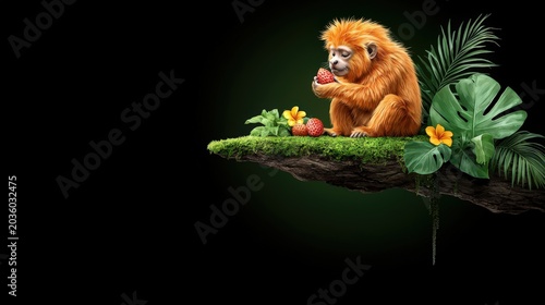 Cute monkey with vibrant orange fur eating strawberries on a mossy wooden branch surrounded by tropical leaves