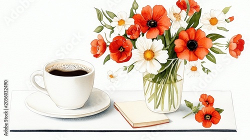 Beautiful Floral Arrangement with Coffee Cup and Notebook on White Tabletop Background