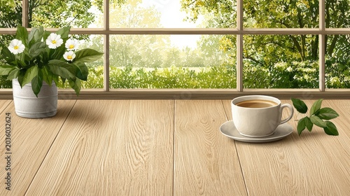 Cozy Morning Scene with Coffee Cup and Green Plant by Bright Window Overlooking Nature