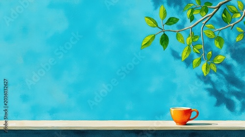 Vibrant Coffee Cup on a Sunny Blue Background with Lush Green Leaves and Soft Shading Effects