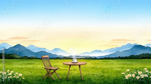 Serene Landscape with Table and Chair in Open Field Surrounded by Mountains and Flowers at Sunrise