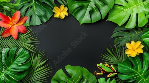 Vibrant Tropical Leaves with Colorful Flowers and Frogs on Dark Background for Nature Themes