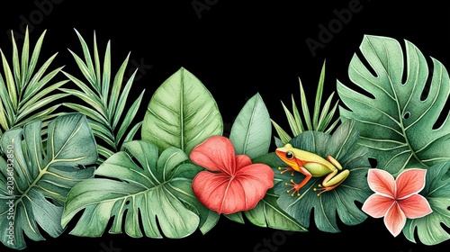 Vibrant Tropical Leaves and Colorful Frog Surrounded by Exotic Flowers on Dark Background