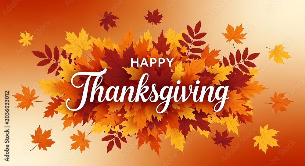 Obraz premium Happy Thanksgiving greeting card with colorful autumn leaves and text