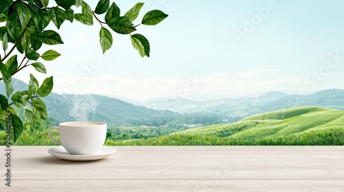 Scenic View of Green Landscape with a Cup of Coffee on Wooden Table Under Bright Blue Sky