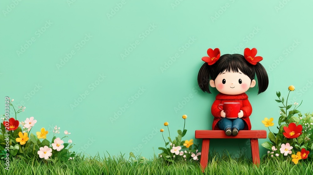 Naklejka premium Cute cartoon girl with pigtails and heart hair clips sitting on a bench among colorful flowers in spring setting