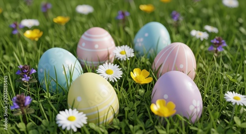 Easter eggs in green grass flowers.