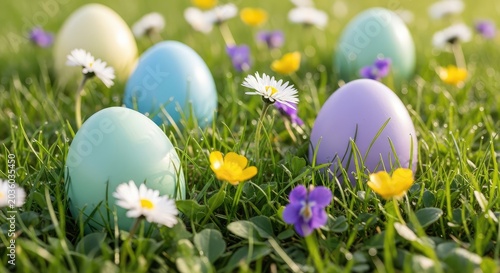 Easter eggs in green grass flowers.