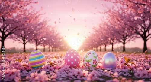 Easter eggs in pink cherry blossoms.