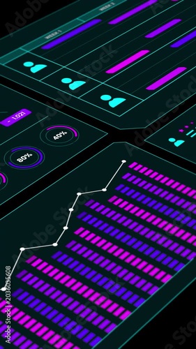 Geometric tech interface displaying financial growth indicators, lines, and system parameters.