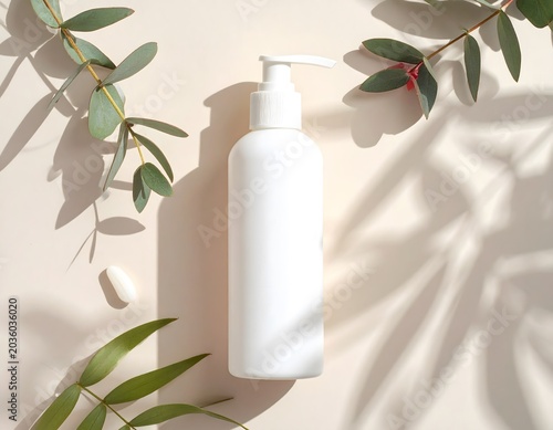 White cosmetic pump bottle mockup with tropical palm leaves and shadows on white background.