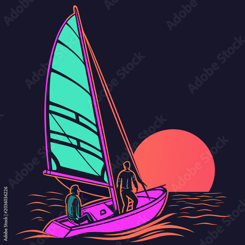 Foto Neon sailboat cruising at sunset on dark waters.