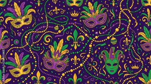 Mardi gras seamless pattern with masks beads fleur-de-lis fat tuesday king cake carnival celebration seamless festival