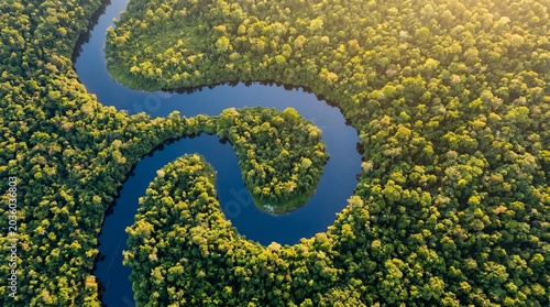 Aerial View of Meandering River Flowing Through Lush Green Forest