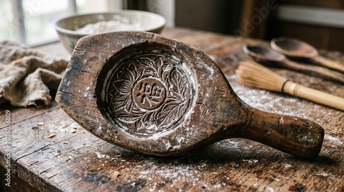 Vintage Wooden Cookie Stamp with Flour on Rustic Kitchen Table
