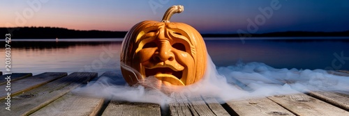 Autumn scene with carved pumpkin by the water during sunset with fog and reflections in the lake social media banner