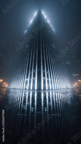Futuristic cityscape with glowing skyscraper.