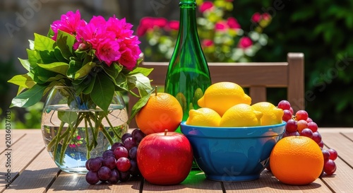 Fresh Fruit and Flowers on Table.