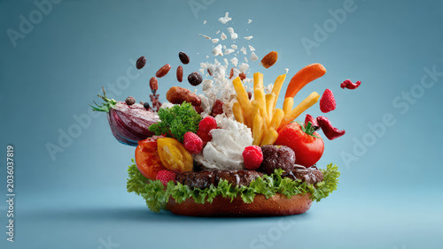 Fresh vegetables and fruits exploding upwards.