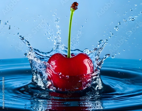 Red sweet cherry falling into water with a splash and droplets