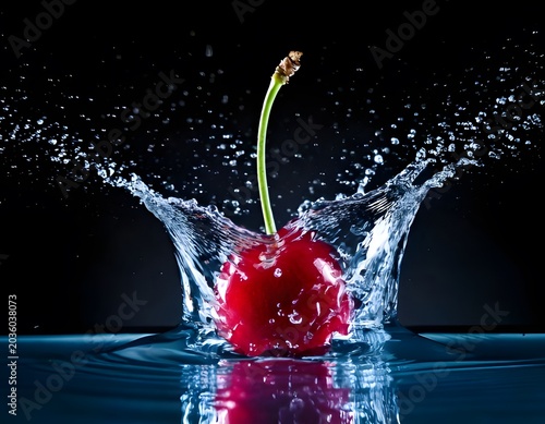 Red sweet cherry falling into water with a splash and droplets on black background